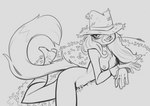 anthro boots breasts clothing convenient_censorship cowboy_boots female footwear gloves handwear hat hat_over_eye headgear headwear mostly_nude nipples nude shoes solo straw_hat wheat_in_mouth lenyavok mouritzeen_(lenyavok) canid canine fox mammal 2023 monochrome