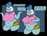 alpha_channel annoyed anthro avian beak belly belly_overhang big_breasts bird blue_body blue_feathers bottomwear breaking_the_fourth_wall breast_grab breasts clothing complaining countershade_face countershading dialogue english_text feathers female generation_4_pokemon hand_on_breast hi_res hotpants huge_breasts implied_weight_gain malinda_(plantedpot) navel nintendo non-mammal_breasts overweight overweight_anthro overweight_female penguin piplup plantedpot pokemon pokemon_(species) shirt shorts solo talking_to_viewer text thick_thighs topwear weight_gain white_body white_feathers