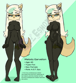 anthro blonde_hair bodysuit claws clothing female hair mature_female skinsuit solo spy text tight_clothing mr_esmox melody_garvelion_(mr_esmox) canid canine fox mammal english_text hi_res model_sheet