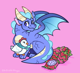2_horns ambiguous_gender beak dragon_fruit duo feral food fruit horn looking_away membrane_(anatomy) membranous_wings pink_background plant simple_background sitting size_difference smile snout tail wings a_purple_dragon mythology steam_sale_chicken steam_sale_dragon avian bird chicken dragon galliform mythological_creature mythological_scalie phasianid scalie colored digital_drawing_(artwork) digital_media_(artwork) flat_colors hi_res