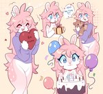 :3 :o ^_^ abstract_background animal_plushie anthro antlers asking asking_viewer balloon bear_plushie birthday birthday_cake blue_balloon blue_eyes blush blush_lines blush_stickers bottomless bow_(feature) bow_ribbon box breasts cake candle clothed clothing confetti container countershade_tail countershade_torso countershading daww dessert dialogue element_drop_shadow emanata escaping_heart eyes_closed female food freckles fur gift gift_bow gift_box hair heart_(marking) heart_font heart_symbol hearts_around_body hearts_around_upper_body holding_gift holding_heart holding_object holding_plushie holding_teddy_bear horn inflatable interjection long_hair markings omg open_mouth open_smile pink_balloon pink_body pink_fur pink_hair pink_nose plushie purple_balloon purple_clothing purple_sweater purple_topwear question smile solo spots spotted_markings star_pupils string_bow string_bow_tie sweater sweater_only tail talking_to_viewer teddy_bear text text_drop_shadow text_in_heart text_with_heart topwear topwear_only yes-no_question mistysnugglebug deer inanimate_object mammal english_text hi_res