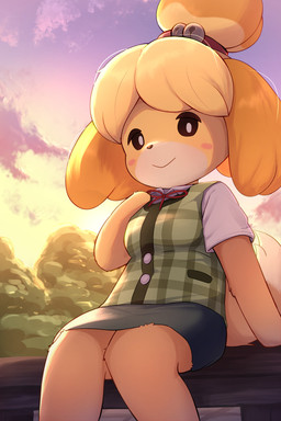 anthro bell bench biped black_bottomwear black_clothing black_eyebrows black_nose black_sclera black_skirt blonde_hair blush blush_stickers bottomwear breasts closed_smile clothed clothed_anthro clothed_female clothing cloud dipstick_tail evening eyebrows featureless_arms female female_anthro floppy_ears fur green_clothing green_sweater green_sweater_vest green_topwear green_vest hair jingle_bell looking_at_viewer looking_down looking_down_at_viewer markings medium_breasts mouth_closed multicolored_body multicolored_fur outside plant shirt sitting skirt sky smile solo sun sweater sweater_vest tail tail_markings topwear tree two_tone_body two_tone_fur vest white_clothing white_eyes white_shirt white_tail white_tail_tip white_topwear yellow_body yellow_ears yellow_fur yellow_tail rumine animal_crossing nintendo isabelle_(animal_crossing) canid canine canis domestic_dog mammal shih_tzu toy_dog 2025 2:3 hi_res