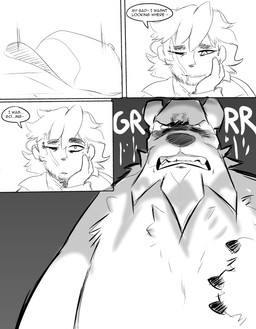 angry anthro claws clothing dialogue duo facial_hair facial_scar fangs growling hand_on_face hat headgear headwear looking_down male nervous scar size_difference teeth towering spicykiwi nintendo pokemon thomas_(spicykiwi) beartic generation_5_pokemon human mammal pokemon_(species) absurd_res comic hi_res monochrome story
