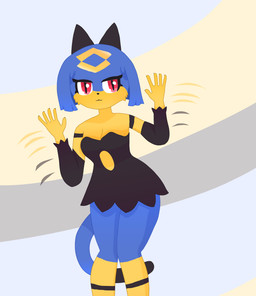 5_fingers accessory anthro blue_body blue_fur blue_hair clothed clothing dipstick_tail dress eyelashes female fingers fur gesture hair hair_accessory markings red_eyes solo tail tail_markings waving waving_at_viewer yellow_body yellow_fur foxmaidsus palworld pocketpair domestic_cat felid feline felis mammal sekhmet_(pal) hi_res