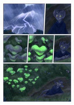 ambiguous_gender anthro biped black_body black_fur black_tail clothing cloud cloudy_sky electricity fangs feral fungus fur grass green_eyes horn lightning mushroom outside plant raining shirt sky solo tail teeth thunderstorm topwear yellow_sclera bjekkergauken imbali_(bjekkergauken) arthropod insect unknown_species 2025 colored comic hi_res
