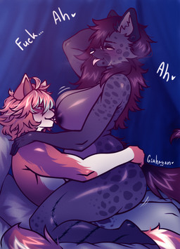 anthro bed big_breasts breasts curvy_figure duo ear_piercing facial_piercing female fluffy fluffy_hair fluffy_tail from_front_position furniture hair inside licking male male/female markings mastery_position multicolored_body multicolored_hair nipple_fetish nipple_lick nipple_piercing nipple_play nipples nose_piercing nude nude_anthro nude_female nude_male on_bed on_bottom on_top piercing sex slim_male spots spotted_markings tail text thick_thighs tongue tongue_out conditional_dnp giahryan canid canine felid feline hyena mammal hi_res
