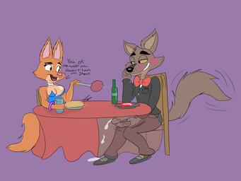 anthro blush bodily_fluids breasts chair cum dialogue duo ejaculation erection female food furniture genital_fluids genitals looking_at_another male male/female masturbation penile penile_masturbation penis simple_background sitting text under_table jrxt dreamworks the_bad_guys diane_foxington mr._wolf_(the_bad_guys) canid canine canis fox mammal wolf english_text hi_res
