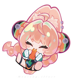 ahoge anthro barefoot blush braided_pigtails carrot chibi clothed clothed_anthro clothing eating eating_carrot eating_food eyes_closed feet female food fully_clothed fully_clothed_anthro fur hair holding_carrot holding_food holding_object holding_vegetable inner_ear_fluff open_mouth pink_body pink_fur pink_hair plant red_eyes simple_background solo topwear tuft vegetable white_background meoreng_illust mihoyo zenless_zone_zero zhao_(zenless_zone_zero) lagomorph leporid mammal rabbit thiren 2026 hi_res