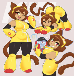 anthro ass_up belly_outline big_breasts big_butt breasts brown_body brown_hair butt cat_stretch clothed clothing duo eyebrows eyelashes eyes_closed eyewear eyewear_on_head female goggles goggles_on_head hair hat headgear headwear machine one_eye_closed open_mouth open_smile red_eyes smile stretching thick_thighs whiskers wide_hips wink exqmaster gameoverse glitch_productions kaboodle_(gameoverse) kit_bodega domestic_cat felid feline felis mammal robot 2026 hi_res