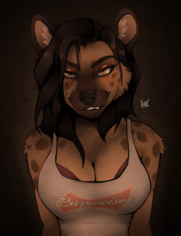 anthro bite biting_lip black_nose bra breasts brown_body brown_fur brown_hair brown_spots cleavage clothed clothing fangs female fur hair inner_ear_fluff markings mole_(marking) orange_eyes push_up_bra shirt smile smiling_at_viewer smirk smirking_at_viewer solo spots spotted_body spotted_fur tank_top teeth text topwear tuft underwear frayfur anheuser-busch_inbev_sa/nv budweiser jessica_t_(frayfur) hyena mammal spotted_hyena absurd_res detailed hi_res portrait