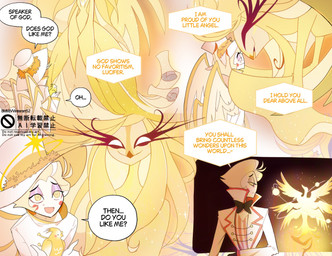 anthro beak blonde_hair clothed clothing dialogue do_not_distribute duo eyelashes feathered_wings feathers female hair halo hat headgear headwear larger_female long_eyelashes long_hair male size_difference smaller_male speech_bubble text wings yellow_body yellow_eyes yellow_feathers yellow_skin vvinterart52 hazbin_hotel hellaverse lucifer_(hazbin_hotel) speaker_of_god_(hazbin_hotel) angel avian bird deity fallen_angel humanoid seraph_(angel) comic english_text hi_res