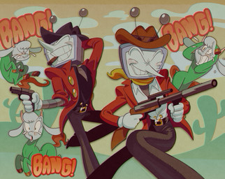 ambiguous_gender belt blush bodily_fluids bottomwear cactus clothed clothing cowboy cowboy_hat crying duo electronics eyeless feral for_a_head fur gloves grin gun handgun handwear hat headgear headwear holding_gun holding_handgun holding_object holding_pistol holding_ranged_weapon holding_rifle holding_weapon horn male pistol plant ranged_weapon rifle saguaro screen screen_face smile tail tears television text toony weapon roachgore deltarune undertale_(series) ralsei ralsei_horse tenna_(deltarune) bovid caprine darkner equid equine goat horse humanoid hybrid mammal object_head screen_head tv_head digital_media_(artwork) hi_res