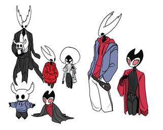 ambiguous_gender anthro bag black_clothing blue_clothing blue_hoodie blue_topwear bottomwear clothed clothing coat container cup decorative_pin group hoodie jacket pants red_clothing red_hoodie red_sweater red_topwear simple_background sweater topwear waist_bag white_background white_clothing boopie hollow_knight:_silksong hollow_knight_(franchise) team_cherry grimm_(hollow_knight) grimmchild_(hollow_knight) hornet_(hollow_knight) lace_(hollow_knight:_silksong) the_knight_(hollow_knight) arthropod insect vessel_(species) absurd_res digital_drawing_(artwork) digital_media_(artwork) hi_res sibling_(lore)