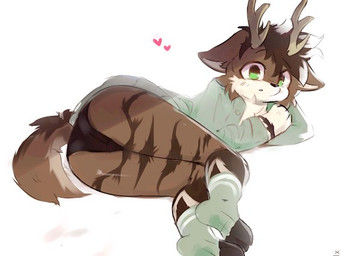 anthro antlers brown_body brown_fur butt butt_focus clothing facial_tuft femboy footwear fur fur_markings green_clothing green_eyes green_shirt green_topwear hair heart_symbol hooves horn legwear looking_at_viewer lying male markings on_side open_mouth panties pattern_clothing pattern_footwear pattern_legwear pattern_socks pose presenting presenting_hindquarters shirt socks solo striped_clothing striped_footwear striped_socks stripes tail tan_body tan_fur tan_inner_ear topwear tuft underwear hyn1x deer mammal pinup