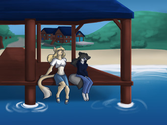 anthro beach black_hair clothing docks duo female footwear fur hair purple_eyes sandals shoes sitting yellow_body yellow_fur setriaphtfj lumila_tenris megan_(aufurmegan) canid canine domestic_cat felid feline felis fox mammal red_fox silver_fox true_fox hi_res