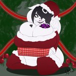 anthro big_breasts black_eyes breasts bulging_breasts cleavage cleavage_overflow clothed clothing female heart_tattoo holidays huge_breasts solo tattoo text thick_thighs white_body white_skin aeroartz aerodraws christmas luna_paws mammal 1:1 absurd_res english_text hi_res