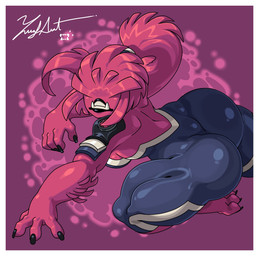 4_fingers anthro big_butt black_lips breasts butt eyeless female fingers fur hair lips pink_body pink_fur ponytail sharp_teeth solo teeth thick_thighs zeusartnsfw ben_10 cartoon_network chaquetrix wildmutt alien mammal vulpimancer hi_res
