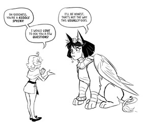 accessory anthro bracelet breasts clothed clothing dialogue duo excited eyebrows eyelashes eyewear female female_human feral footwear furgonomics glasses happy jewelry note_pad piercing question ring ring_piercing shoes surprised tail tail_accessory tail_jewelry tail_ring text spicymancer mythology eclair_(spicymancer) felid human mammal mythological_creature mythological_sphinx english_text hi_res monochrome