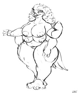 armwear big_breasts breasts clothing curly_hair eyeshadow female hair hand_on_hip legwear long_hair looking_at_viewer makeup multi_arm multi_breast multi_limb multi_nipple nipples overweight solo thick_thighs wide_hips bigshow fan_character avian bird owl owl_demon hi_res monochrome signature sketch