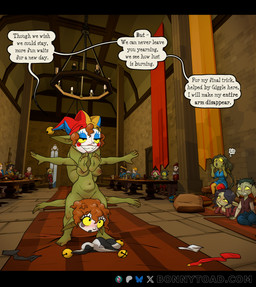 5_fingers 5_toes areola barely_visible_genitalia barely_visible_vulva biped black_bars breasts brown_hair butt clothing clown clown_makeup dialogue exhibitionism feet female female/female fingers fool's_hat genitals group hair hat headgear headwear humanoid_feet jester male navel nipples not_furry plantigrade public public_nudity pupils pussy_peek sitting smile soles speech_bubble text toes upside_down vulva bonnytoad giggle_(bonnytoad) guffaw_(bonnytoad) goblin human humanoid mammal absurd_res english_text hi_res letterbox url