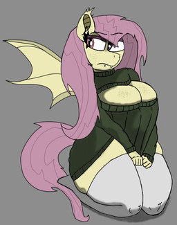 anthro bat_wings big_breasts breast_squish breasts clothing female freckled_breasts freckles frown grey_background legwear looking_away membrane_(anatomy) membranous_wings simple_background solo squish stockings sweater thick_thighs topwear wings archerwonder friendship_is_magic hasbro my_little_pony flutterbat_(mlp) fluttershy_(mlp) equid equine mammal absurd_res hi_res