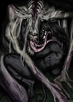 anthro black_body black_hair blue_sclera bodily_fluids double_tongue drooling duo female female/female grin grinning_at_viewer hair head_mouth long_arms long_hair long_tongue looking_at_viewer muzzle_(object) saliva saliva_string sharp_teeth smile smiling_at_viewer teeth tongue white_body white_hair zarzaliel mammal monster 2026 absurd_res hi_res signature