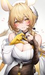 2024 3:5 absurd_res animal_humanoid arknights blonde_hair blush breasts cleavage cleavage_cutout clothed clothing cutout dorothy_(arknights) female fingerless_gloves gesture gloves hair hand_heart handwear hat headgear headwear heart_symbol hi_res humanoid hypergryph jacket jerboa_humanoid looking_at_viewer mammal mammal_humanoid rodent rodent_humanoid simple_background solo studio_montagne tabhead tail topwear white_background yellow_eyes