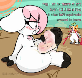 anthro blood bodily_fluids buckteeth desert dialogue duo feet female female_anthro foot_focus half-closed_eyes musk musk_cloud musky_feet narrowed_eyes nosebleed open_mouth sitting sky soles solo_focus sun sweat sweatdrop sweaty_feet teeth text duskfenra chikn_nuggit cheezborger_(chikn_nuggit) cofi_(chikn_nuggit) bovid caprine domestic_cat felid feline felis mammal sheep 2025 digital_media_(artwork) english_text