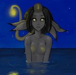 bioluminescence black_hair breasts collarbone female glowing grey_body grey_skin hair looking_at_viewer lure_(anatomy) night nipples non-mammal_breasts non-mammal_nipples nude partially_submerged small_breasts smile solo star yellow_eyes syvaron anglerfish anglerfish_humanoid animal_humanoid fish humanoid marine hi_res