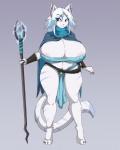 4_toes 5_fingers anklet anthro big_breasts biped blue_hair bottomwear breasts cleavage clothed clothing dipstick_tail feet female fingers front_view fur hair holding_object holding_weapon huge_breasts jewelry loincloth magic_user markings multicolored_tail purple_eyes solo staff standing tail tail_markings toes weapon white_body white_fur matypup domestic_cat felid feline felis mammal 2018 hi_res