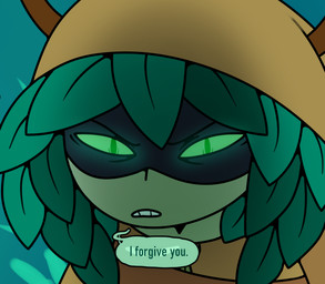 antlers close-up clothed clothing dialogue female glowing glowing_eyes green_body green_eyes green_skin horn mask not_furry solo speech_bubble teeth text discount-supervillain adventure_time cartoon_network huntress_wizard humanoid digital_media_(artwork) english_text