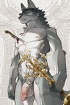 anthro art_nouveau balls blood blue_eyes bodily_fluids cheek_tuft countershade_face countershade_torso countershading facial_tuft foreskin fur genitals gore grey_body grey_fur holding_object humanoid_genitalia humanoid_penis inner_ear_fluff knife knife_in_chest male muscular muscular_anthro muscular_male nipples nude penis pubes solo stab tuft vein veiny_penis wounded luxury_gin canid canine canis mammal wolf 2021 hi_res