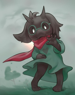anthro black_body black_fur clothing cloud eyewear fluffy_ears fur gesture glasses grass green_clothing green_eyewear green_glasses heart_symbol looking_at_viewer male pawpads pink_pawpads plant red_scarf scarf simple_eyes solo standing sun tree waving waving_at_viewer white_eyes wind inkune deltarune undertale_(series) ralsei bovid caprine goat mammal
