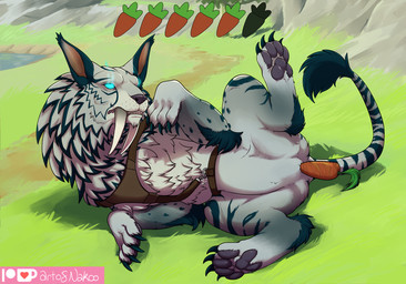 ambiguous_gender anal anal_penetration anus_only claws detailed_background empty_eyes fangs featureless_crotch feral food food_fetish food_insertion food_play gameplay_mechanics glowing glowing_eyes grass harness improvised_sex_toy long_fangs lying mane mount on_side pawpads paws penetration plant solo spread_legs spreading tail teal_eyes teeth vegetable conditional_dnp nakoo blizzard_entertainment warcraft zeituna_(tiger) felid feline mammal 2021 hi_res