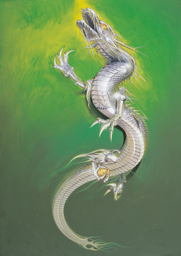 ambiguous_gender antenna_wire ball claws feral green_background holding_ball holding_object horn looking_up machine metal_scales metallic_body open_mouth simple_background solo yellow_sclera hajime_sorayama mythology dragon eastern_dragon mythological_creature mythological_scalie robot robot_feral scalie 1993 absurd_res detailed hi_res traditional_media_(artwork)
