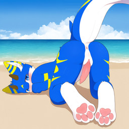 anthro genitals lanhan longzai male pawpads paws penis pink_pawpads shy solo tail mythology aquatic dragon fish mythological_creature mythological_scalie scalie 1:1