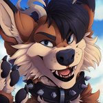 anthro black_nose blue_eyes ears_up hair howl leash looking_at_viewer male smile solo teeth tongue tazara canid canine canis mammal wolf 1:1 icon