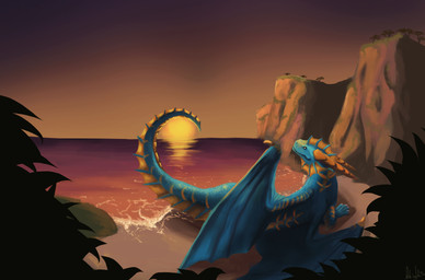 ambiguous_gender beach blue_body blue_skin day detailed_background feral horn membrane_(anatomy) membranous_wings outside sand sea seaside sky solo spines sun tail water wings hawkheart11 european_mythology mythology dragon mythological_creature mythological_scalie scalie western_dragon absurd_res digital_media_(artwork) hi_res