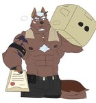2022 abs anthro arm_tattoo armband asking_viewer barbell_piercing belt biceps black_belt black_bottomwear black_clothing black_pants blackclown00 blackclownowo blue_eyes bodily_fluids bottomwear box brown_body brown_fur canid canine canis chest_tuft clipboard clothing container domestic_dog ear_piercing ear_ring facial_hair fur goatee hair hi_res holding_box holding_clipboard holding_container holding_object hugo_(blackclownowo) jewelry male mammal muscular muscular_anthro muscular_male navel necklace nipple_barbell nipple_piercing nipples obliques pants pecs pencil_(object) pencil_behind_ear piercing ring_piercing serratus shirtless shoulder_tattoo solo sweat tattoo towel towel_around_neck tuft utility_belt vein veiny_muscles white_hair