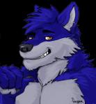 anthro blue_body blue_fur blue_hair fangs fur hair half-closed_eyes looking_at_viewer male narrowed_eyes simple_background smile solo teeth transparent_background fonyaa canid canine canis mammal wolf alpha_channel