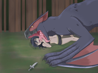ambiguous_gender black_hair bodily_fluids bottomwear claws clothed clothing dagger duo female feral hair licking long_hair lying melee_weapon midriff on_back open_mouth playful saliva sharp_teeth shorts teeth tongue tongue_out vore weapon wings 玉森いずな capcom monster_hunter flying_wyvern human mammal nargacuga 4:3 hi_res