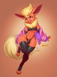 anthro bulge claws clothed clothing crossdressing femboy fur hair jacket legwear looking_at_viewer male open_mouth simple_background smile solo stockings tail thigh_highs tongue topwear wide_hips bell-bell_(artist) nintendo pokemon medic_(character) canid canine eeveelution flareon generation_1_pokemon mammal pokemon_(species) absurd_res digital_media_(artwork) hi_res