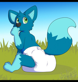 3_toes 4_fingers ambiguous_gender anthro big_diaper black_nose blue_body blue_fur blue_inner_ear blue_tail blue_tail_tip clean_diaper clothed clothing diaper diaper_fetish diaper_only dipstick_tail feet fingers fur gloves_(marking) grass heart_symbol leg_markings looking_back markings plant sitting sky socks_(marking) solo sucking tail tail_markings text thumb_suck toes topless wearing_diaper white_diaper shadyadi jacio_the_wolfbat bat canid canine canis hybrid mammal wolf 2025 artist_name full-length_portrait hi_res letterbox portrait signature