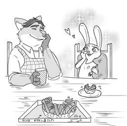 anthro apron chair clothing container cup cutlery dessert duo eyes_closed female food fork furniture hair heart_symbol kitchen_utensils male pastry pie smile sparkles text tools aks_hdr disney zootopia gideon_grey judy_hopps canid canine fox lagomorph leporid mammal rabbit red_fox true_fox japanese_text monochrome