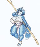 anthro big_breasts blue_body blue_fur bottomwear breasts cleavage clothed clothing countershading dress female fluffy fluffy_tail fur green_eyes huge_breasts huge_hips huge_thighs jewelry loincloth short_stack solo tail thick_thighs wide_hips jindragowolf nintendo star_fox krystal_(star_fox) canid canine fox mammal 2022 digital_media_(artwork) hi_res