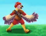 anthro avian_feet beak black_markings clothing feathered_wings feathers markings open_mouth potion purple_body solo tan_body throwing wing_fingers wings gyrotech accipitrid accipitriform avian bird absurd_res hi_res