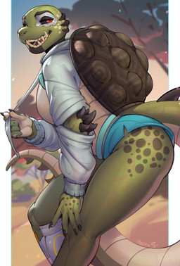 anthro big_breasts body_spikes bottomwear breasts clothing cybernetics female forest freckled_legs freckled_thighs freckles hoodie hotpants jungle machine markings non-mammal_breasts plant shell shorts smile solo spot_freckles spots spotted_hips spotted_markings sweater teeth thick_thighs topwear tree hellta legend_of_ahya ariana_'ari'_(darkflamewolf) crocodile crocodilian hybrid reptile scalie tortoise turtle hi_res