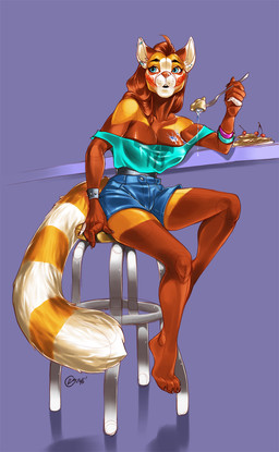 anthro bare_shoulders barefoot biped bottomwear breasts cleavage clothed clothing cutlery dessert feet female food fork kitchen_utensils messy nipple_outline open_mouth pastry pie shorts sitting smile solo tools furlana ailurid mammal red_panda 2016 digital_media_(artwork) hi_res shaded sketch