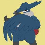 1:1 anthro anthrofied avian balls beak bird blue_body blue_feathers claws corvid erection feathered_wings feathers foreskin generation_4_pokemon genitals half-closed_eyes hi_res honchkrow humanoid_genitalia humanoid_penis looking_at_viewer male narrowed_eyes nintendo nude oscine partially_retracted_foreskin passerine penis pinup pokemon pokemon_(species) pokemorph pose posexe red_eyes simple_background slightly_chubby smile solo wings