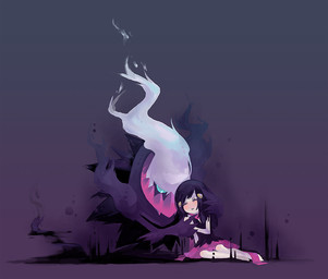 ambiguous_gender barefoot black_hair blue_eyes blush bottomwear clothing cuddling duo eyes_closed feet female hair hand_holding hug long_hair looking_down lying purple_background raised_arm shirt simple_background skirt topwear ⓒambo nintendo pokemon dawn_(pokemon) pokemon_trainer darkrai generation_4_pokemon ghost human legendary_pokemon mammal pokemon_(species) spirit